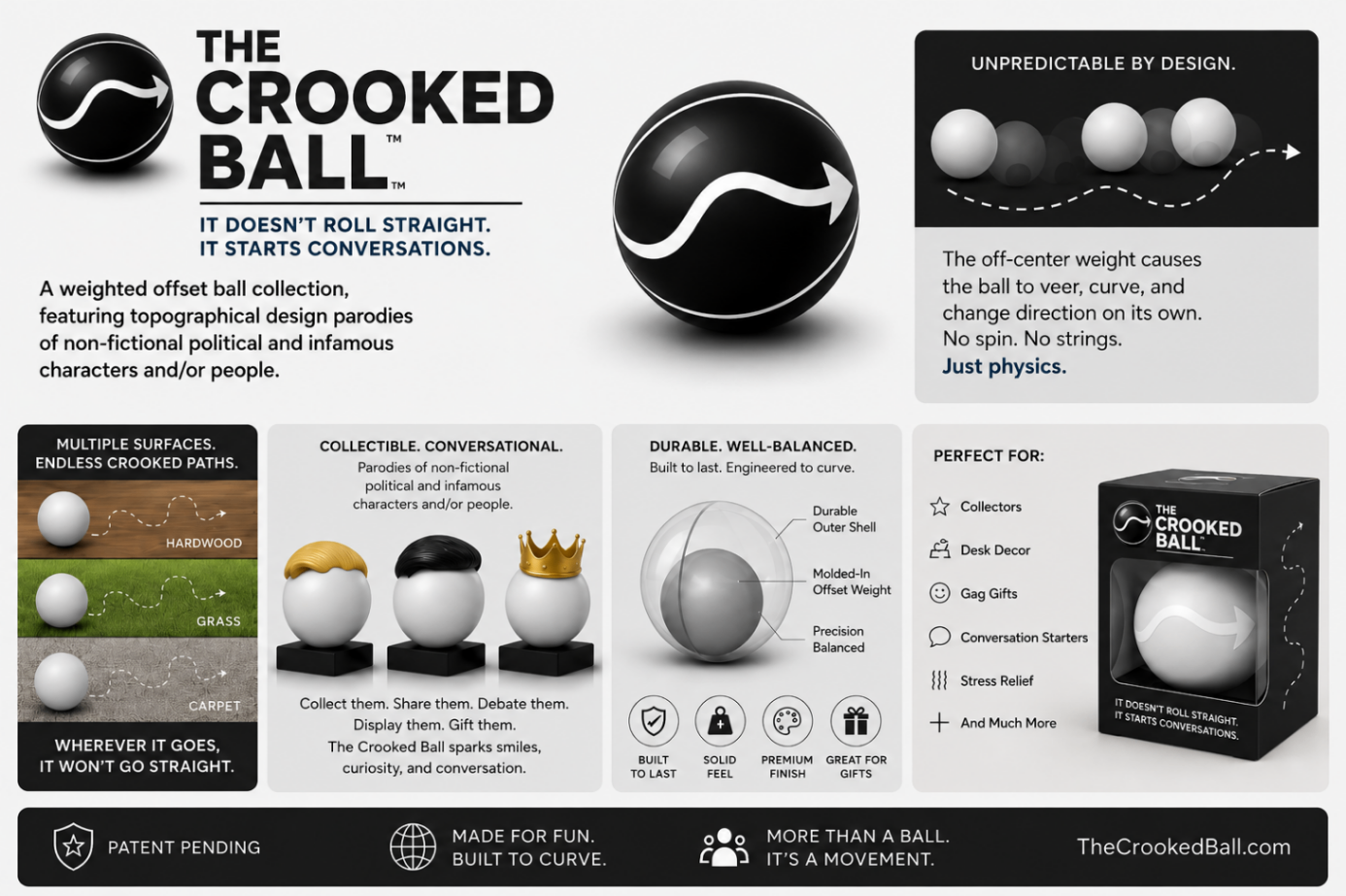 The Crooked Ball™ — product overview: unpredictable by design, collectible, durable, patent pending